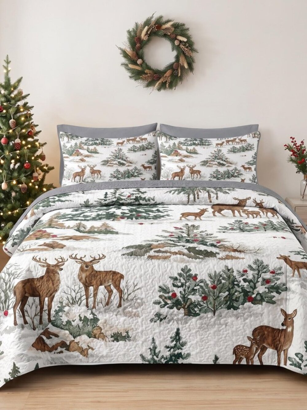 King Christmas Quilt Set, 3 Pieces Forest Bedding, Bedspread